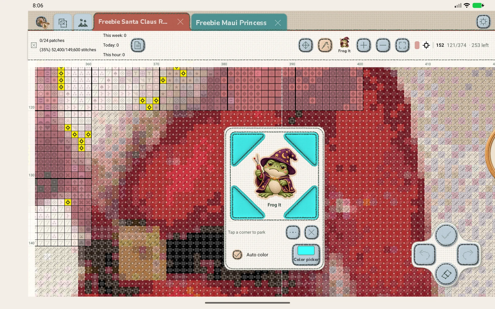 The double-tap stitch menu over the chart